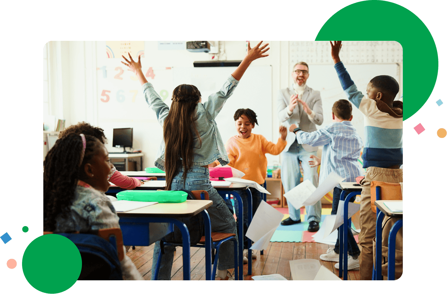 Applause, celebration and education with teacher and kids in classroom for quiz pass, success and lesson. Exam achievement, learning and test grade with students and man in school for scholarship